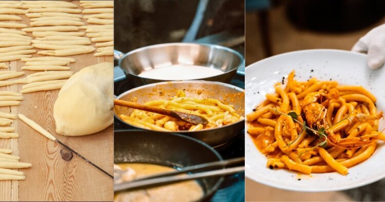 Die Zubereitung von Šurlice-Pasta (Kneten des Teigs, Kochen und Servieren mit Kvarner-Scampi)